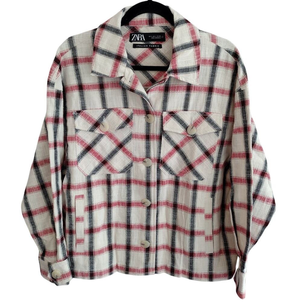 Zara | Oversized Italian Fabric Plaid Boxy Shacket Cream Red Black